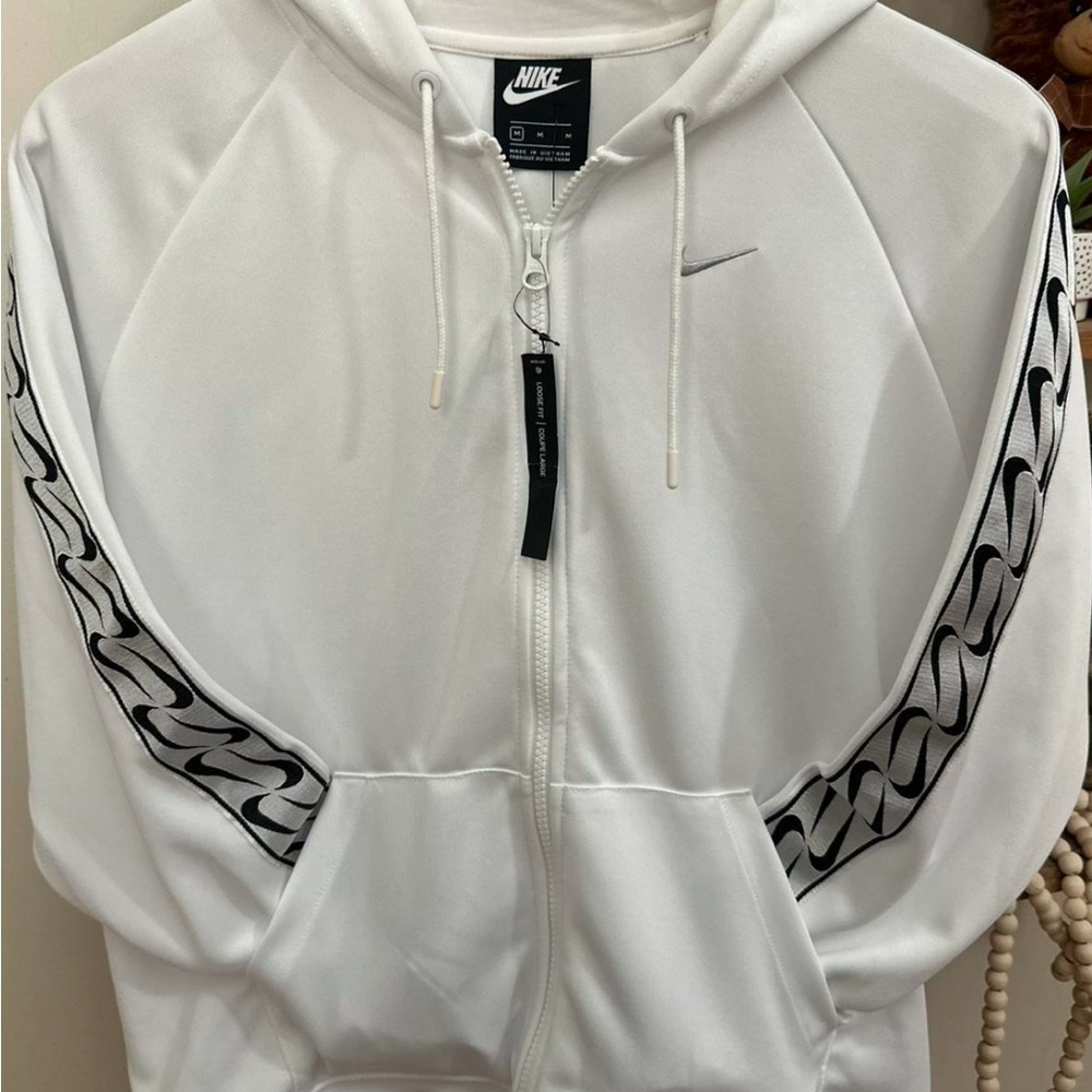 Nike White Hoodie with Black Patterned Sleeves